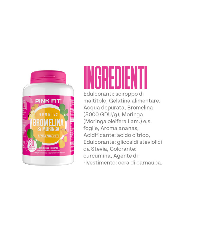 Pink Fit  Bromelina e Moringa Gummies per drenaggio e benessere digestivo senza zuccheri aggiunti - PRO ACTION
