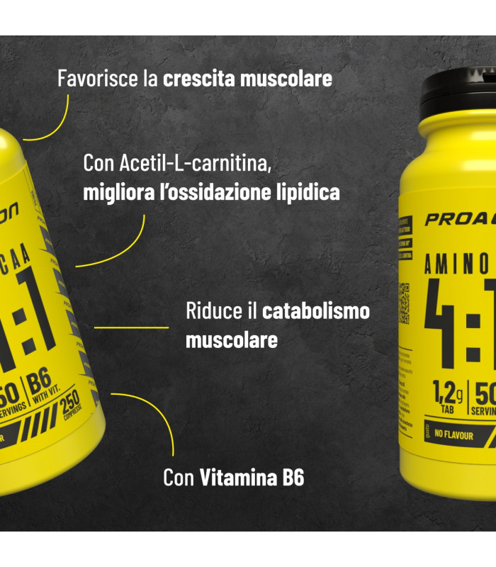BCAA 4:1:1 250 CPR - Integratore di aminoacidi ramificati BCAA in rapporto 4:1:1 con vitamina B6 - PRO ACTION