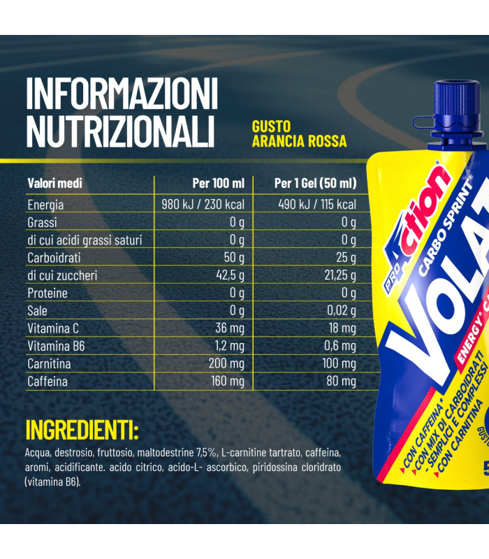 PRO ACTION GEL Carbo Sprint Volata Integratore di Carboidrati a velocissimo assorbimento – 50 ml - ARANCIA ROSSA