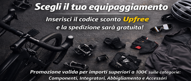 Promozione valida per importo superiore a 100€ per le nostre categorie: COMPONENTI, INTEGRATORI, ABBIGLIAMENTO e ACCESSORI